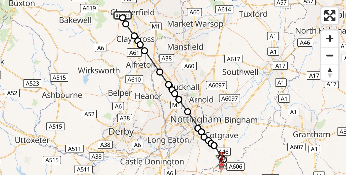 Flight route Air Ambulance Helicopter Chesterfield - Hickling, 18 May 2026, 16:55
