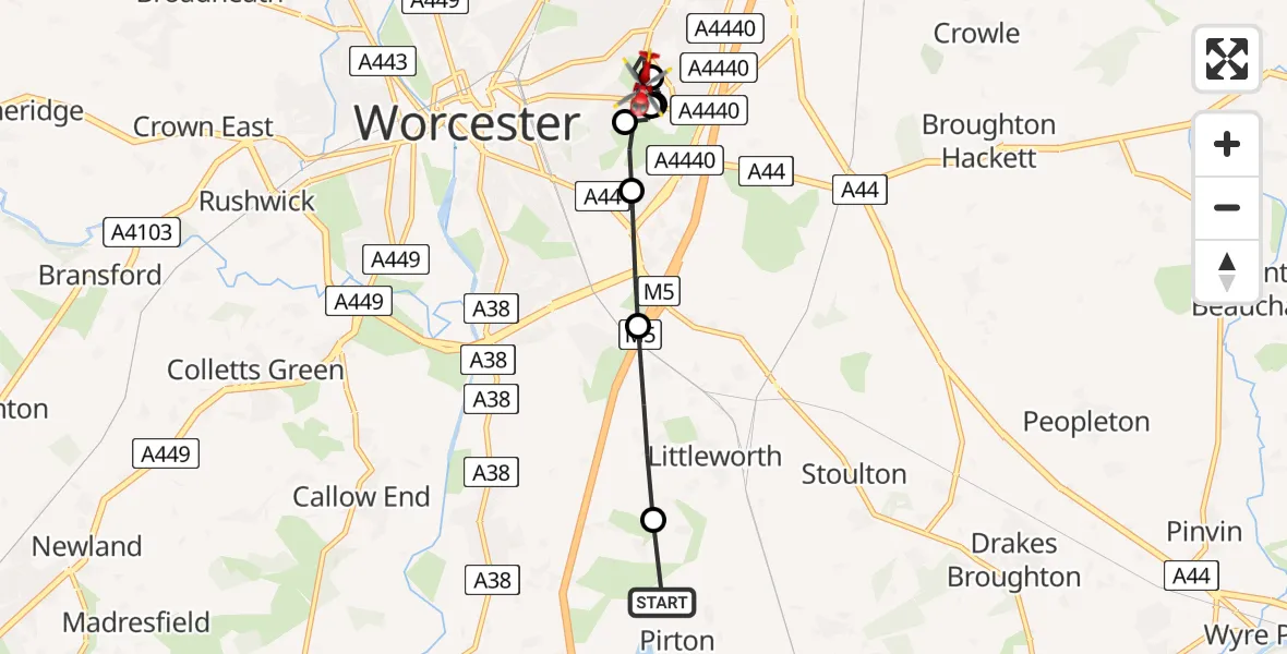 Flight route Air Ambulance Helicopter Pirton - Worcester, 18 May 2026, 17:02