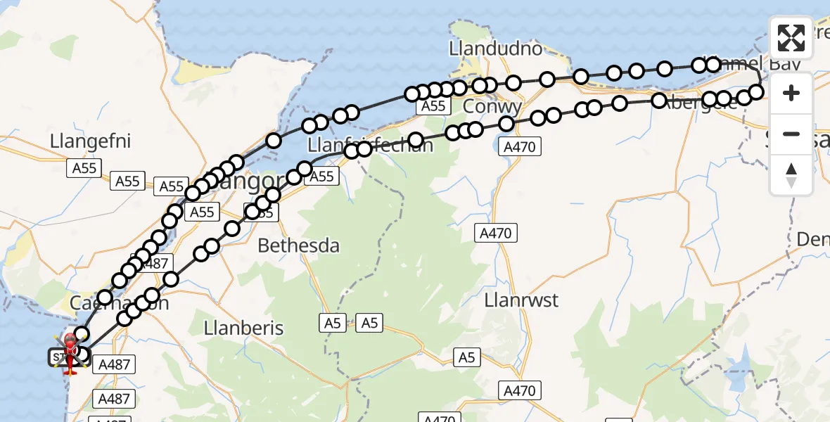 Flight route Air Ambulance Helicopter Caernarfon Airport - Caernarfon Airport, 18 May 2026, 17:03