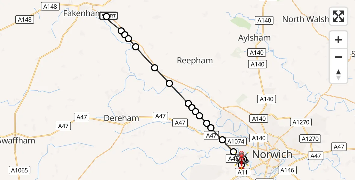 Flight route Air Ambulance Helicopter Little Snoring - Norfolk & Norwich Hospital, 18 May 2026, 17:08