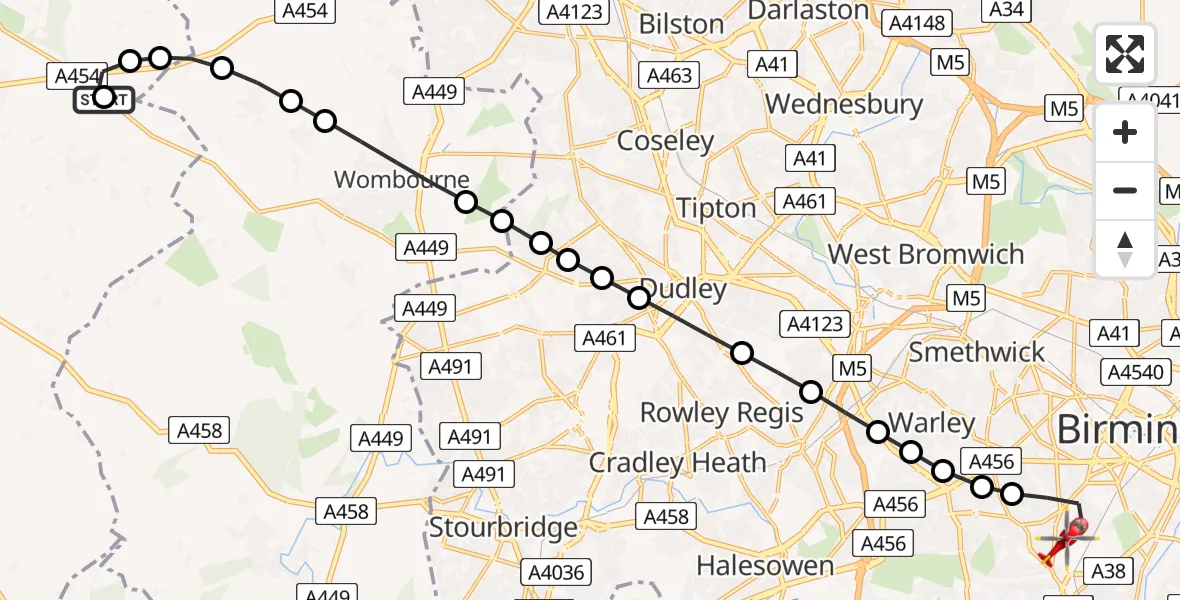 Flight route Air Ambulance Helicopter Claverley - Metchley, 18 May 2026, 17:12
