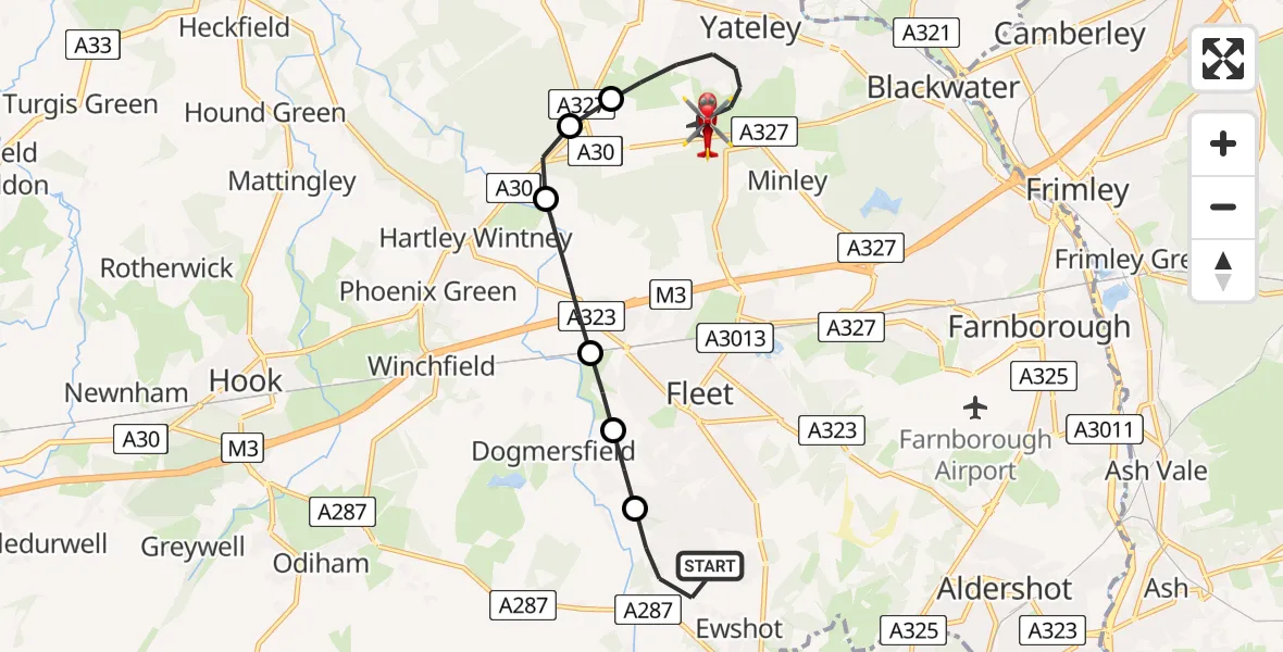 Flight route Air Ambulance Helicopter Ewshot - Blackbushe Airport, 18 May 2026, 17:16
