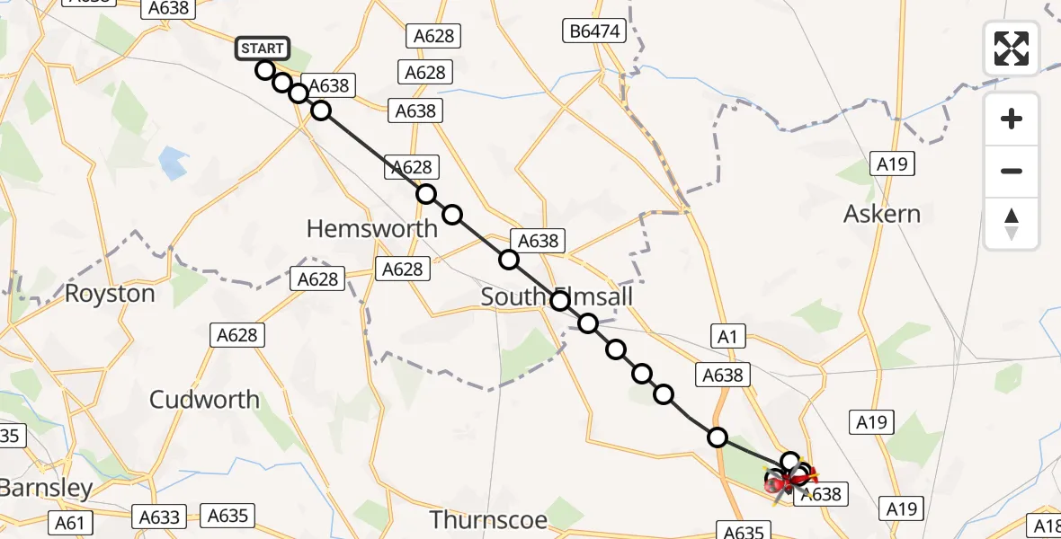 Flight route Air Ambulance Helicopter YAA Nostell Helicopter Port - Highfields, 18 May 2026, 17:27