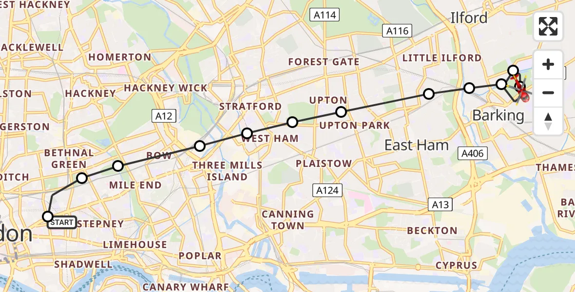 Flight route Air Ambulance Helicopter Royal London Hospital - Thames View, 18 May 2026, 17:37