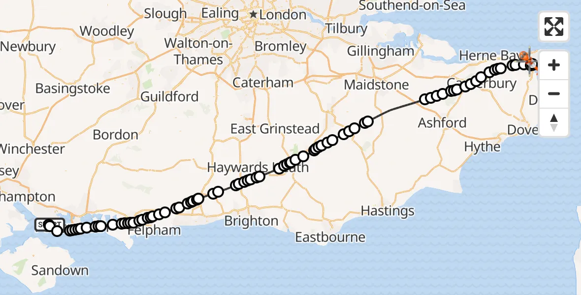 Flight route Coastguard Helicopter Solent Airport - Manston Airport, 18 May 2026, 17:39