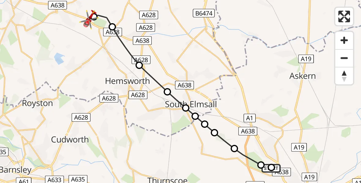 Flight route Air Ambulance Helicopter Highfields - YAA Nostell Helicopter Port, 18 May 2026, 17:43