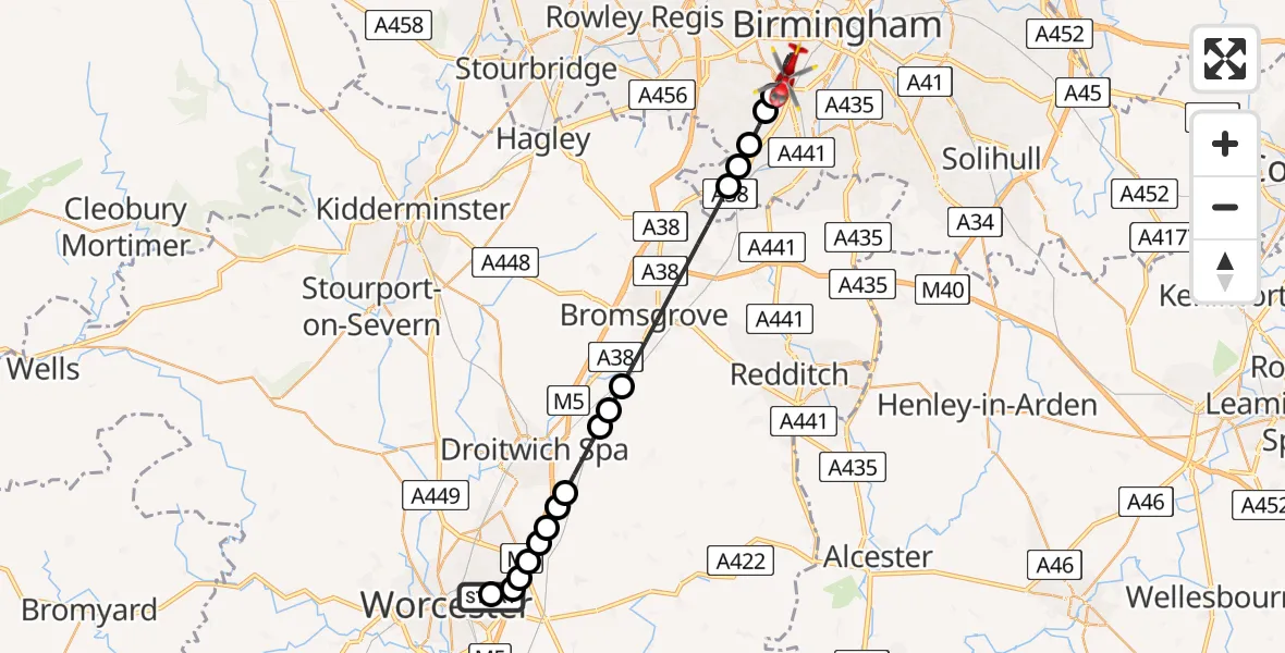 Flight route Air Ambulance Helicopter Worcester - Metchley, 18 May 2026, 17:44