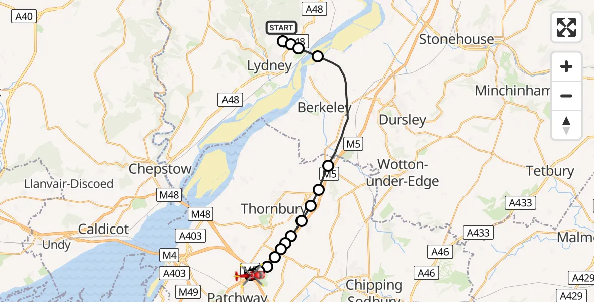 Flight route Air Ambulance Helicopter Oldcroft - Almondsbury Helicopter Base, 18 May 2026, 17:44