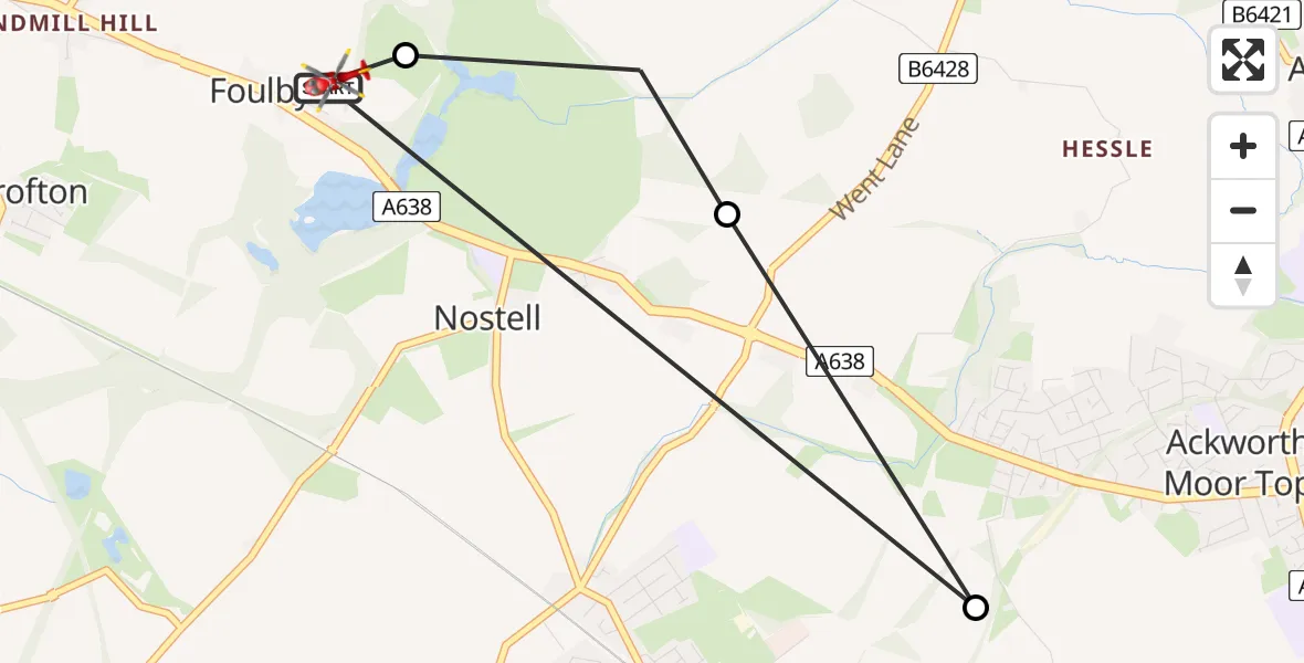 Flight route Air Ambulance Helicopter YAA Nostell Helicopter Port - YAA Nostell Helicopter Port, 18 May 2026, 17:51