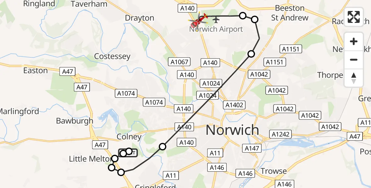Flight route Air Ambulance Helicopter Norfolk & Norwich Hospital - Norwich Airport, 18 May 2026, 18:01