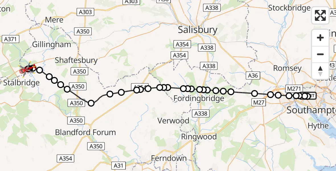 Flight route Air Ambulance Helicopter University Hospital Southampton - Henstridge Airfield, 18 May 2026, 18:06