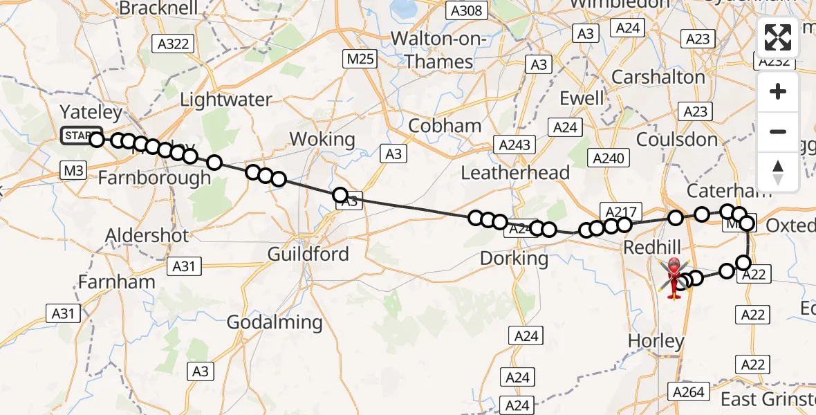 Flight route Air Ambulance Helicopter Blackbushe Airport - Redhill Aerodrome, 18 May 2026, 18:07