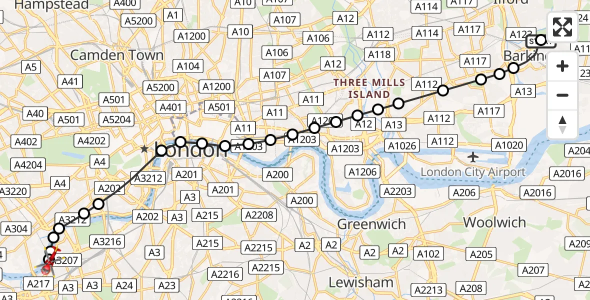 Flight route Air Ambulance Helicopter Barking and Dagenham - London Heliport, 18 May 2026, 18:08