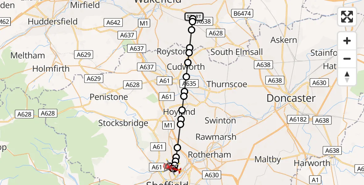 Flight route Air Ambulance Helicopter YAA Nostell Helicopter Port - Sheffield Northern Hospital, 18 May 2026, 18:12