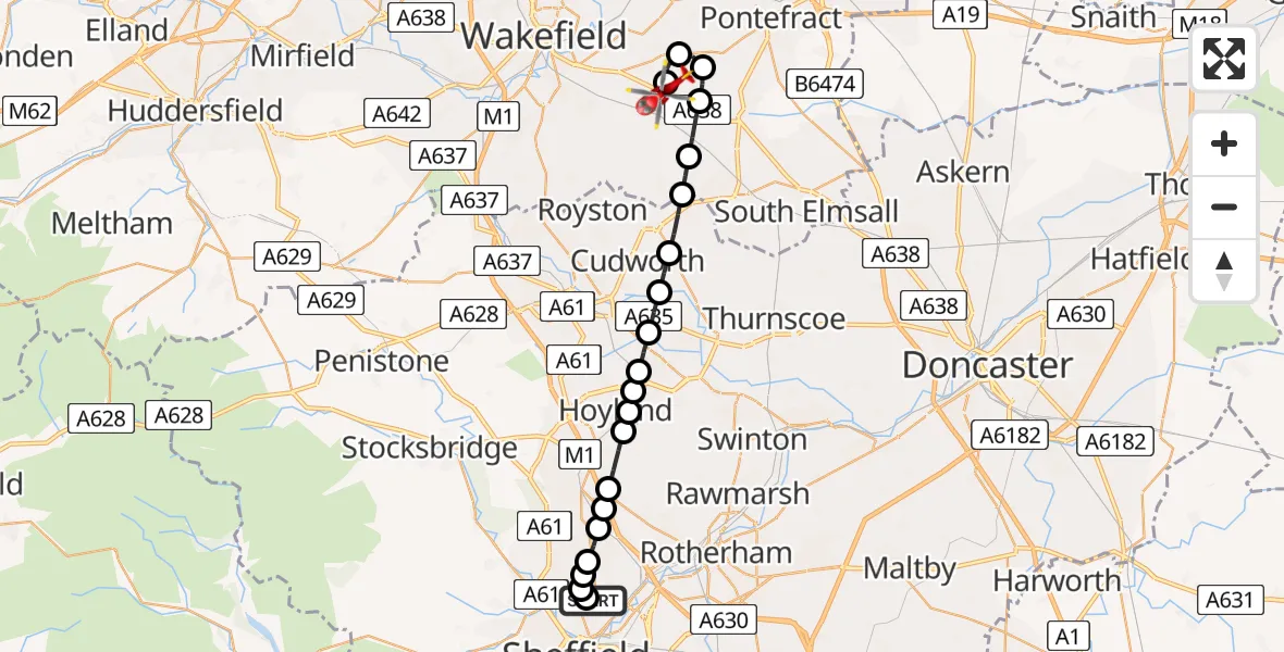 Flight route Air Ambulance Helicopter Sheffield Northern Hospital - YAA Nostell Helicopter Port, 18 May 2026, 18:25