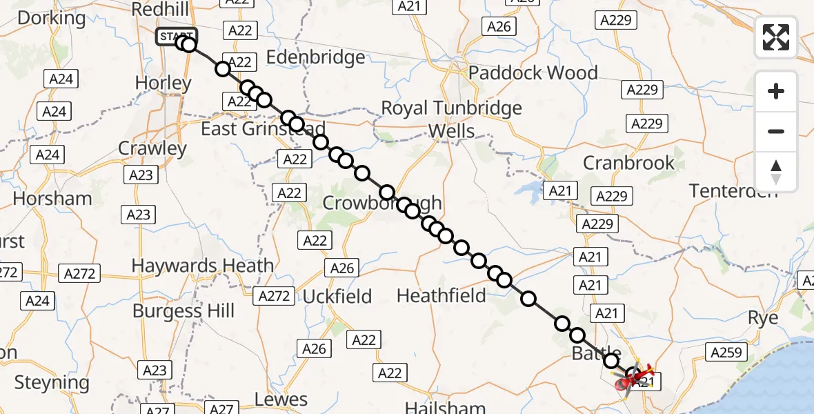 Flight route Air Ambulance Helicopter Redhill Aerodrome - Rother, 18 May 2026, 18:26