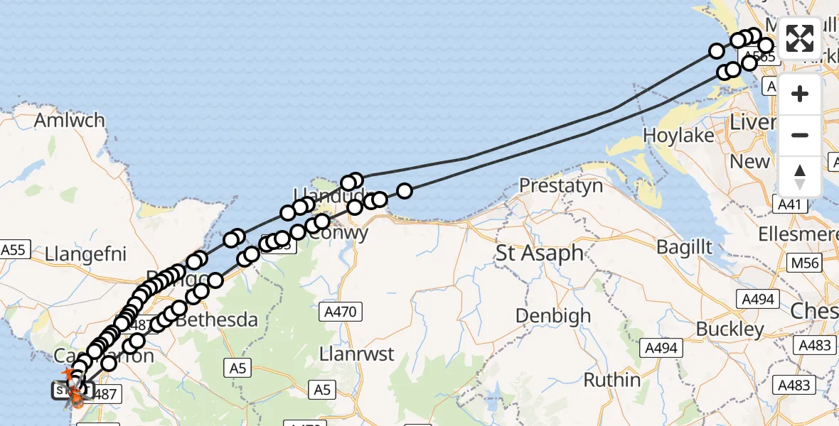 Flight route Coastguard Helicopter Caernarfon Airport - Caernarfon Airport, 18 May 2026, 18:27
