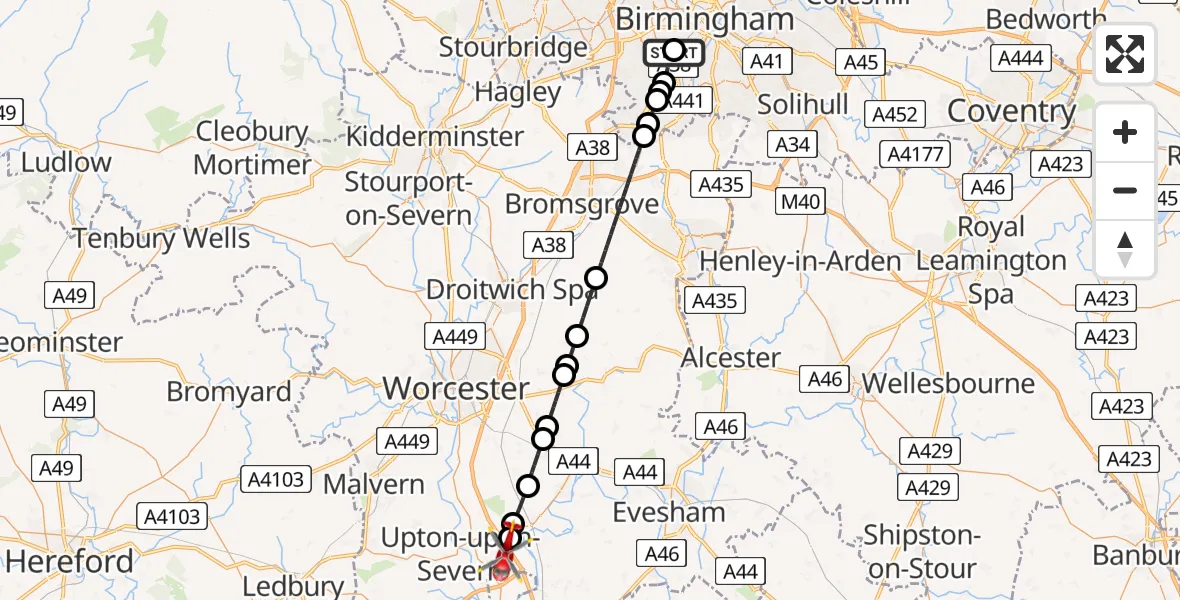 Flight route Air Ambulance Helicopter Queen Elizabeth Hospital Helipad - Upper Strensham, 18 May 2026, 18:29