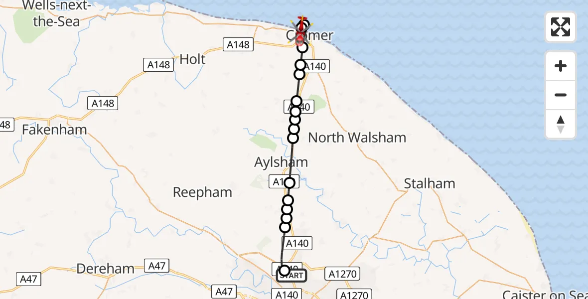 Flight route Air Ambulance Helicopter Norwich Airport - Cromer, 18 May 2026, 18:49