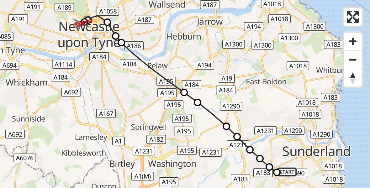 Flight route Air Ambulance Helicopter High Barnes - Newcastle Royal Victoria Infirmary, 18 May 2026, 18:56