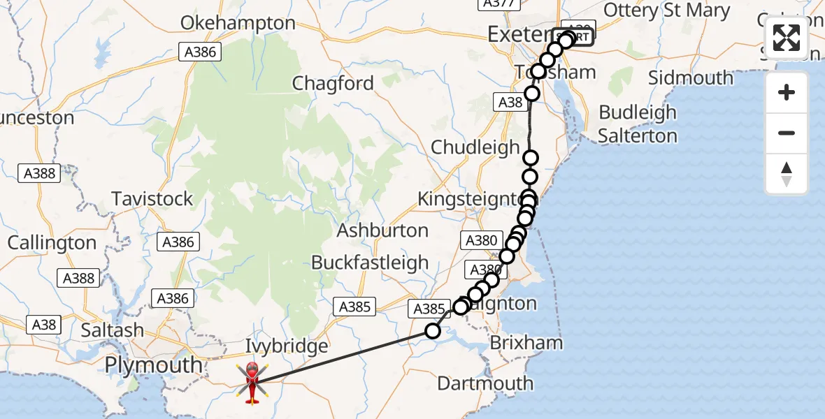 Flight route Air Ambulance Helicopter Clyst Honiton - South Hams, 18 May 2026, 18:59