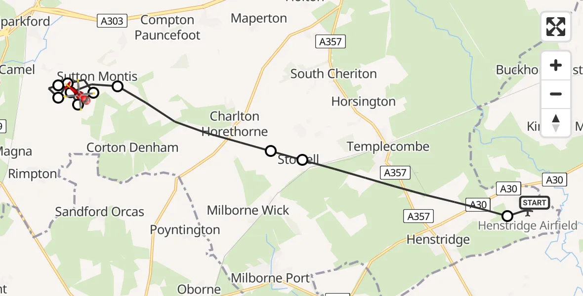 Flight route Air Ambulance Helicopter Henstridge Airfield - Sutton Montis, 18 May 2026, 19:00