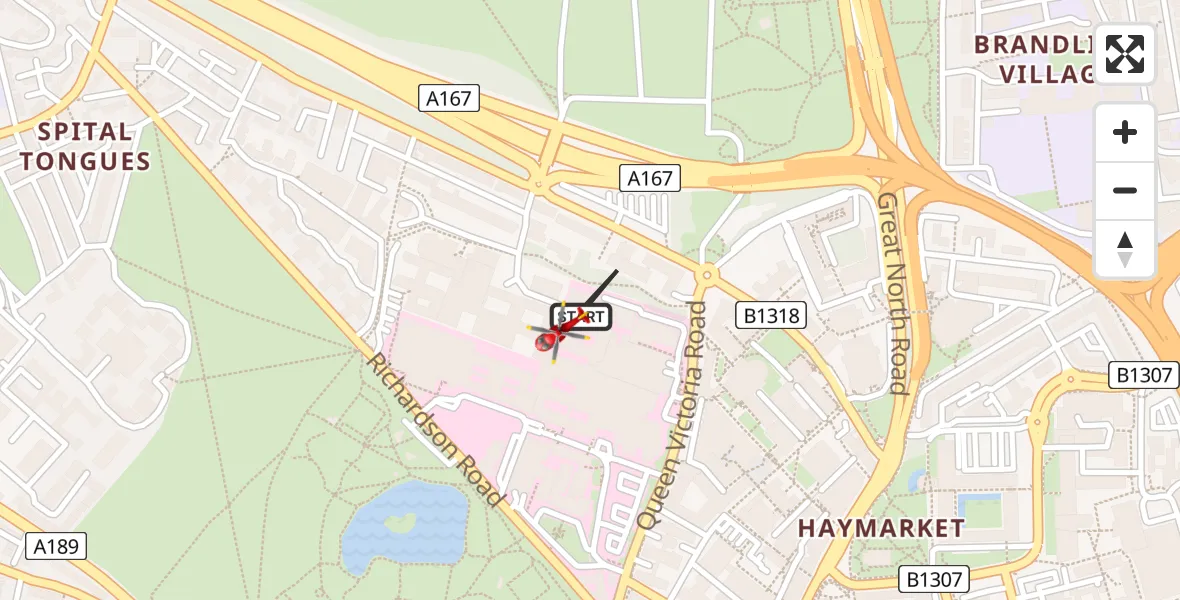 Flight route Air Ambulance Helicopter Newcastle Royal Victoria Infirmary - Newcastle Royal Victoria Infirmary, 18 May 2026, 19:02