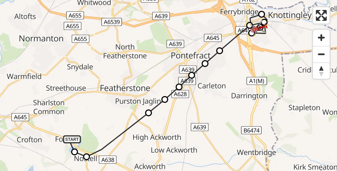 Flight route Air Ambulance Helicopter YAA Nostell Helicopter Port - Ferrybridge, 18 May 2026, 19:12