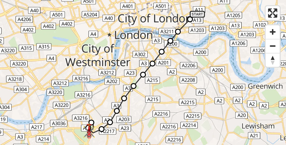 Flight route Air Ambulance Helicopter Royal London Hospital - Clapham, 18 May 2026, 19:12