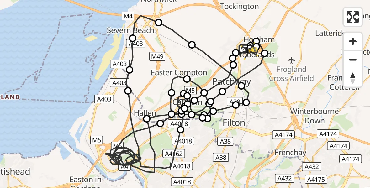 Flight route Police Helicopter Almondsbury Helicopter Base - Almondsbury Helicopter Base, 18 May 2026, 19:22