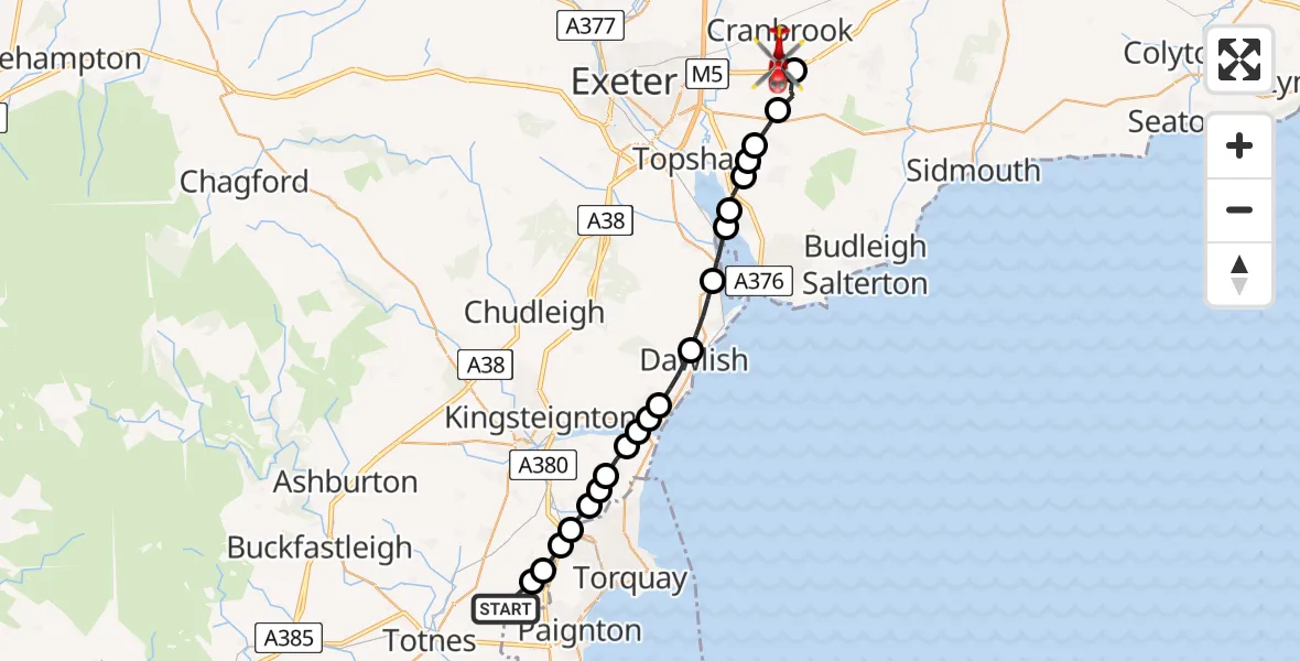 Flight route Air Ambulance Helicopter South Hams - Exeter International Airport, 18 May 2026, 19:28