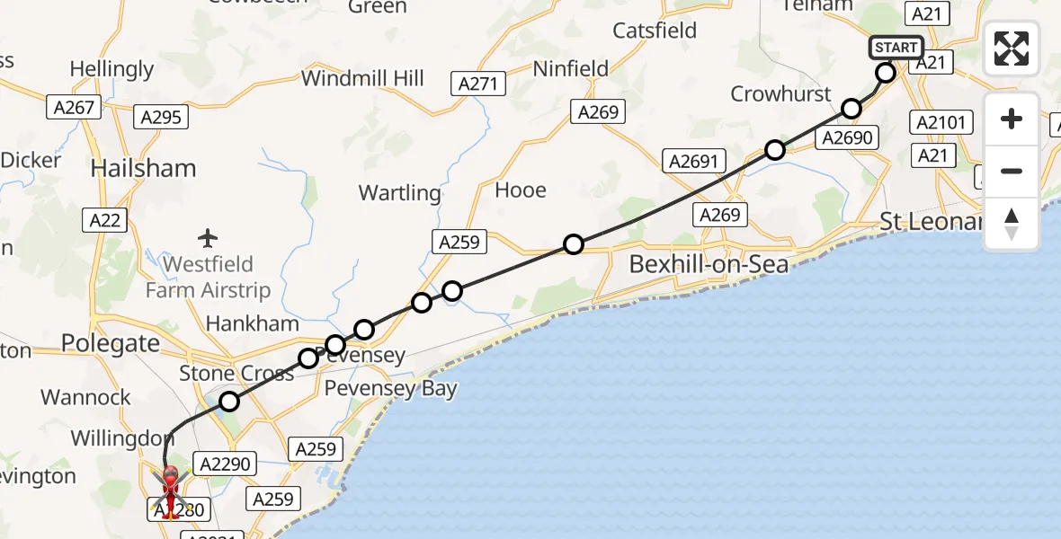Flight route Air Ambulance Helicopter Rother - Eastbourne, 18 May 2026, 19:32