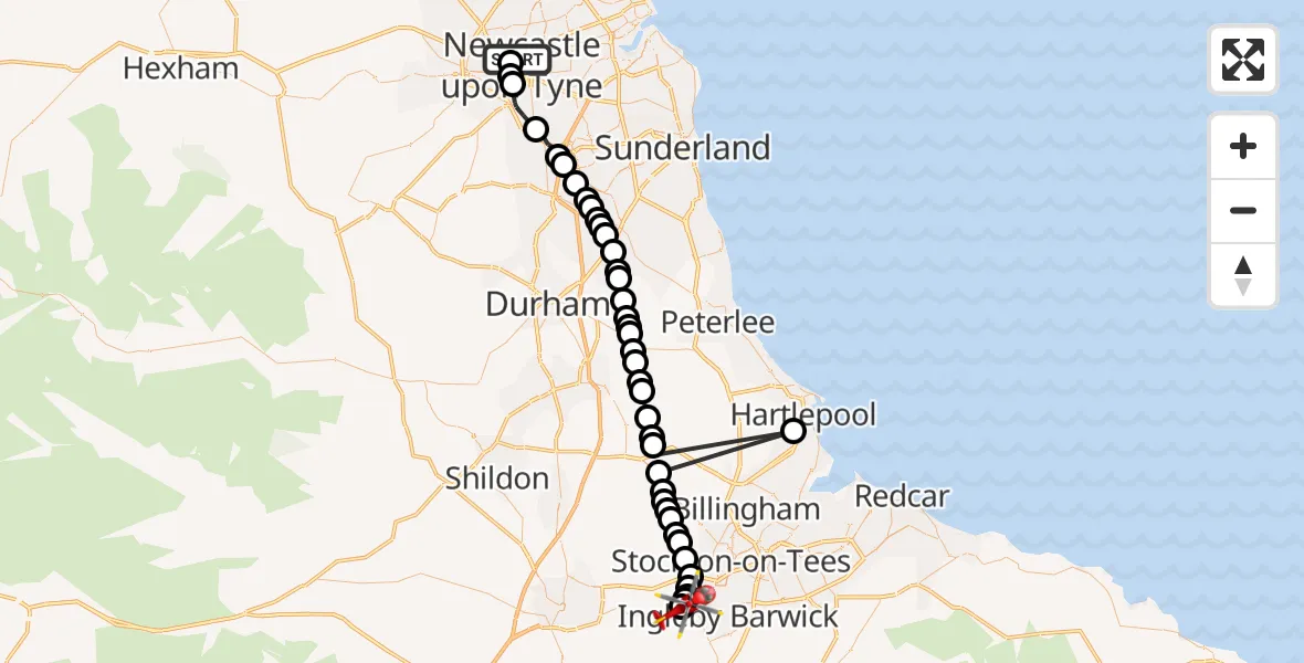 Flight route Air Ambulance Helicopter Newcastle Royal Victoria Infirmary - Egglescliffe, 18 May 2026, 19:34
