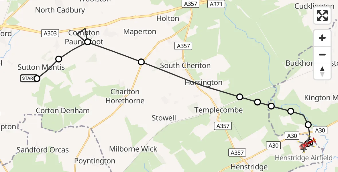 Flight route Air Ambulance Helicopter Sutton Montis - Henstridge Airfield, 18 May 2026, 19:42