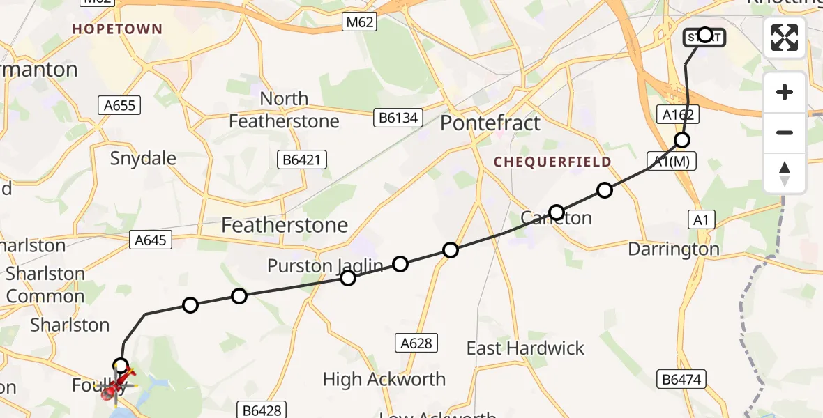 Flight route Air Ambulance Helicopter Ferrybridge - YAA Nostell Helicopter Port, 18 May 2026, 19:43