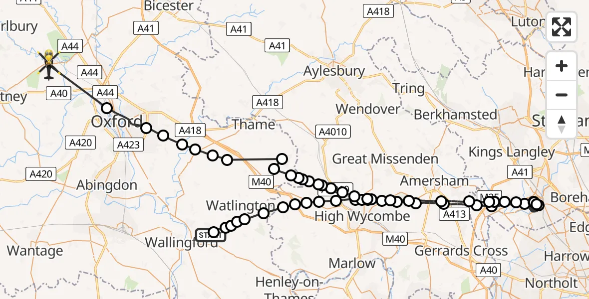 Flight route Police Helicopter Benson - Long Hanborough, 18 May 2026, 19:54