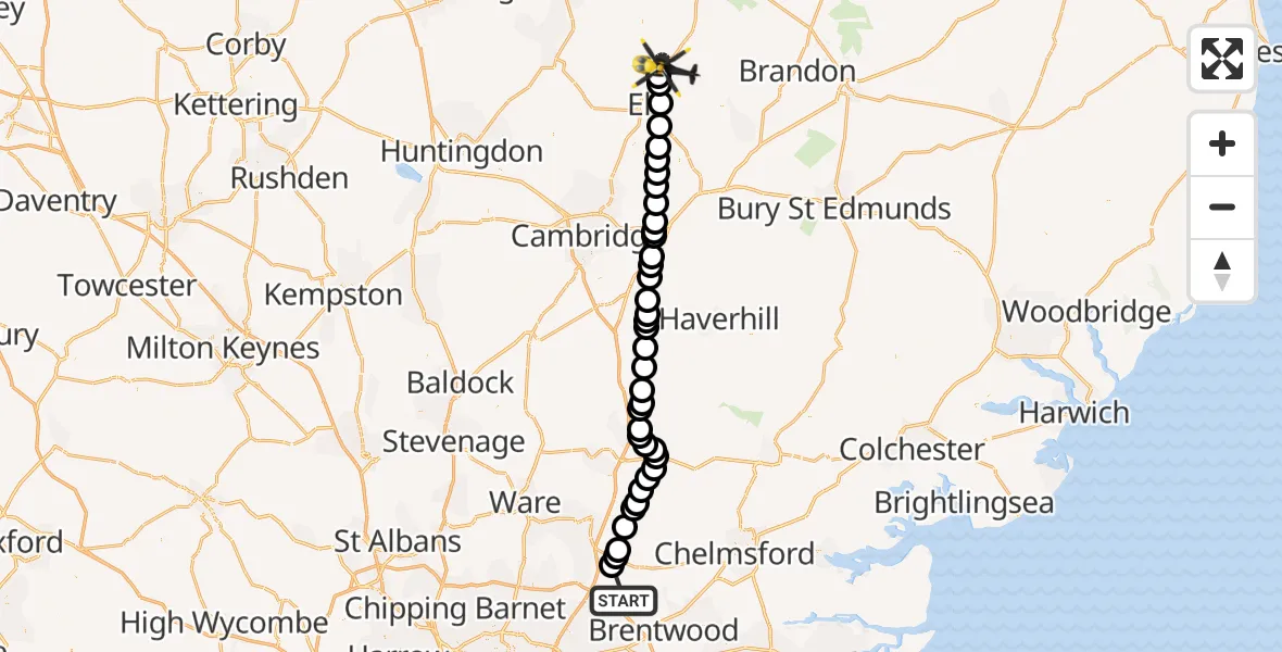Flight route Police Helicopter Stanford Rivers - Littleport, 18 May 2026, 19:54