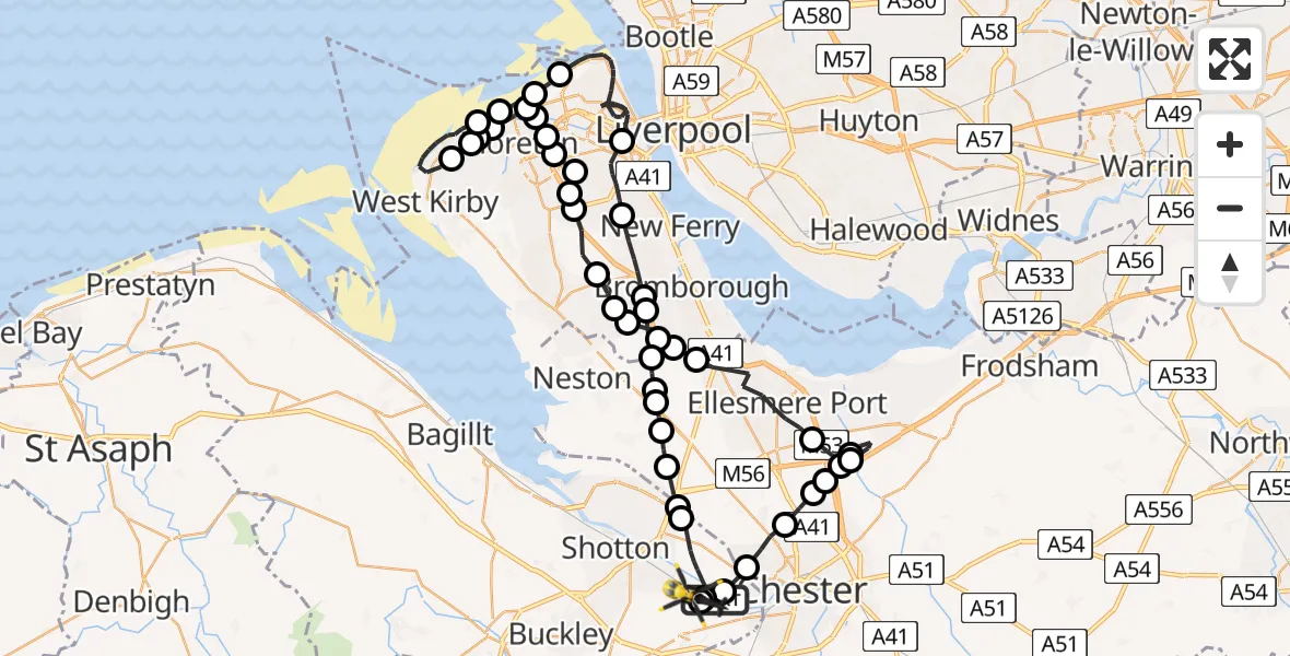 Flight route Police Helicopter Saltney Ferry - Hawarden Airport, 18 May 2026, 19:55