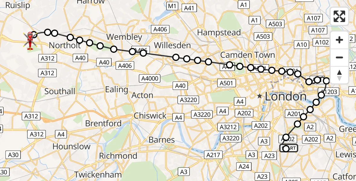 Flight route Air Ambulance Helicopter Kings College London Hospital - RAF Northolt, 18 May 2026, 20:07