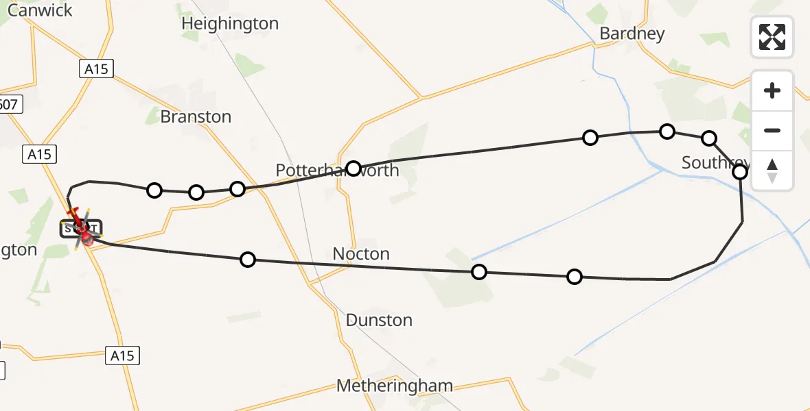 Flight route Air Ambulance Helicopter RAF Waddington - North Kesteven, 18 May 2026, 20:16