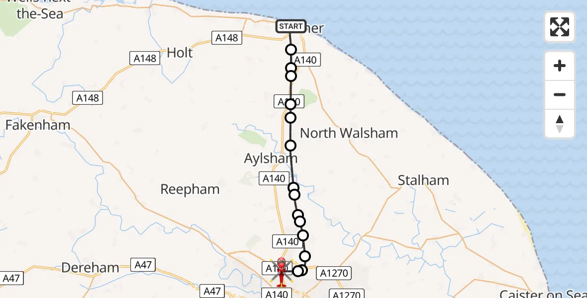 Flight route Air Ambulance Helicopter Cromer - Norwich Airport, 18 May 2026, 20:24