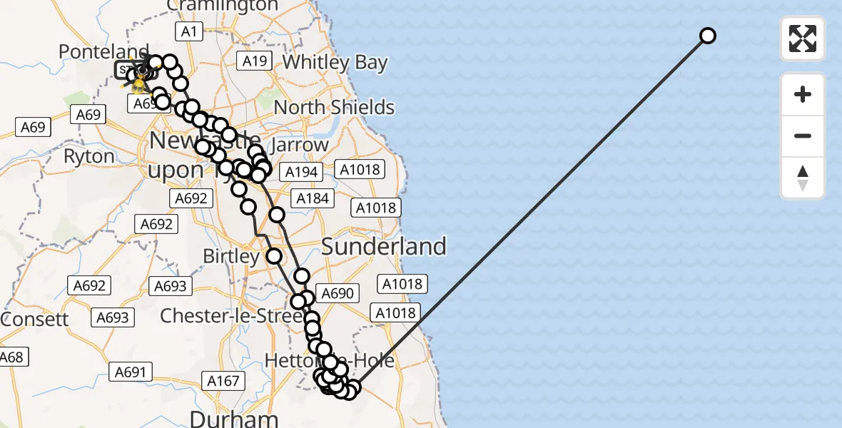 Flight route Police Helicopter Newcastle International Airport - Newcastle International Airport, 18 May 2026, 20:24