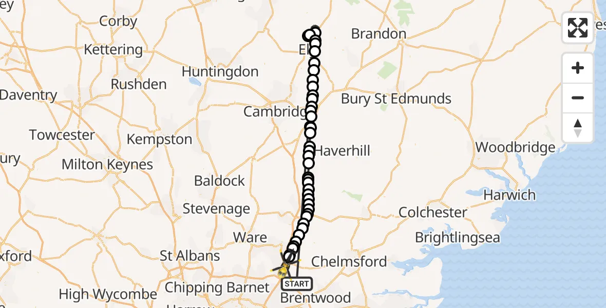 Flight route Police Helicopter Stanford Rivers - North Weald Airfield, 18 May 2026, 20:28