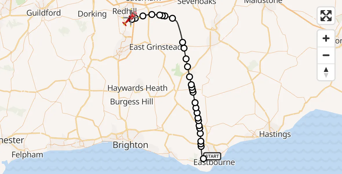 Flight route Air Ambulance Helicopter Eastbourne - Redhill Aerodrome, 18 May 2026, 20:35