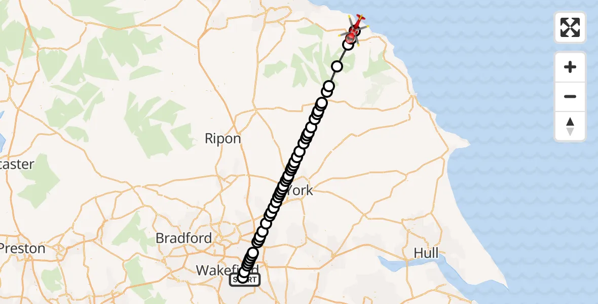 Flight route Air Ambulance Helicopter YAA Nostell Helicopter Port - Mickleby, 18 May 2026, 21:01