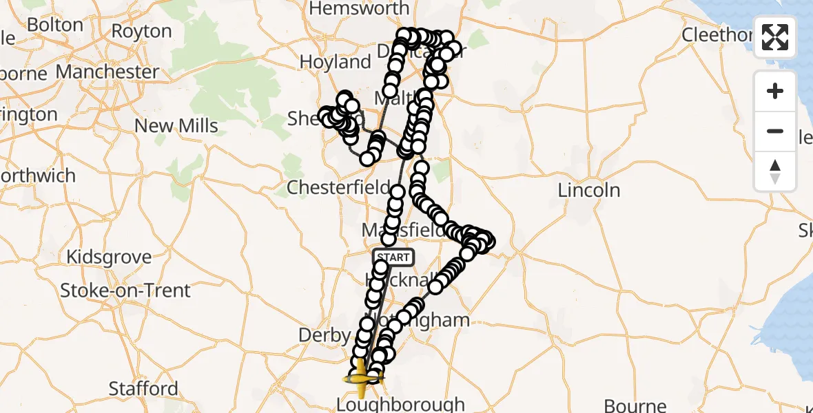 Flight route Police Aircraft Kirkby-in-Ashfield - East Midlands Airport, 18 May 2026, 21:04