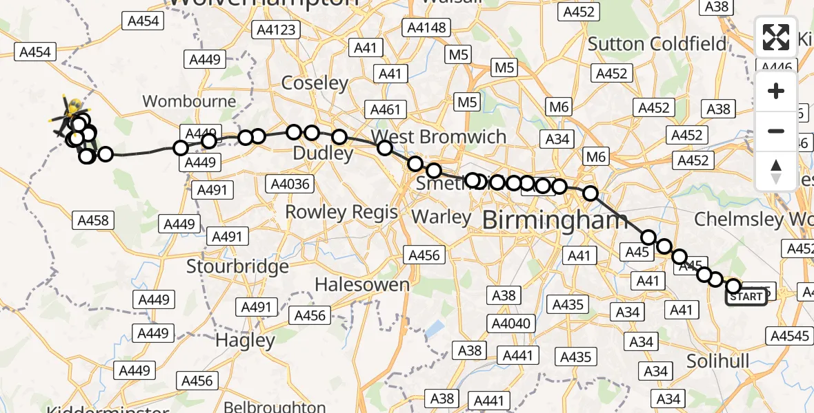 Flight route Police Helicopter Solihull - Heathton, 18 May 2026, 21:08