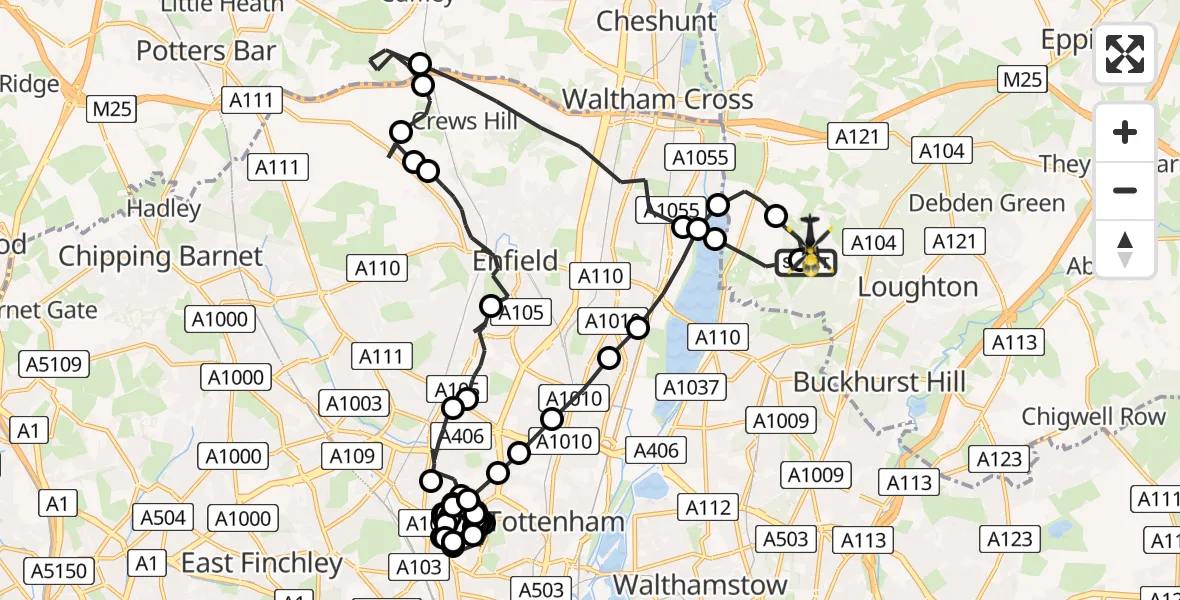 Flight route Police Helicopter Metropolitan Police Air Support Unit Lippitts Hill - Sewardstonebury, 18 May 2026, 21:20