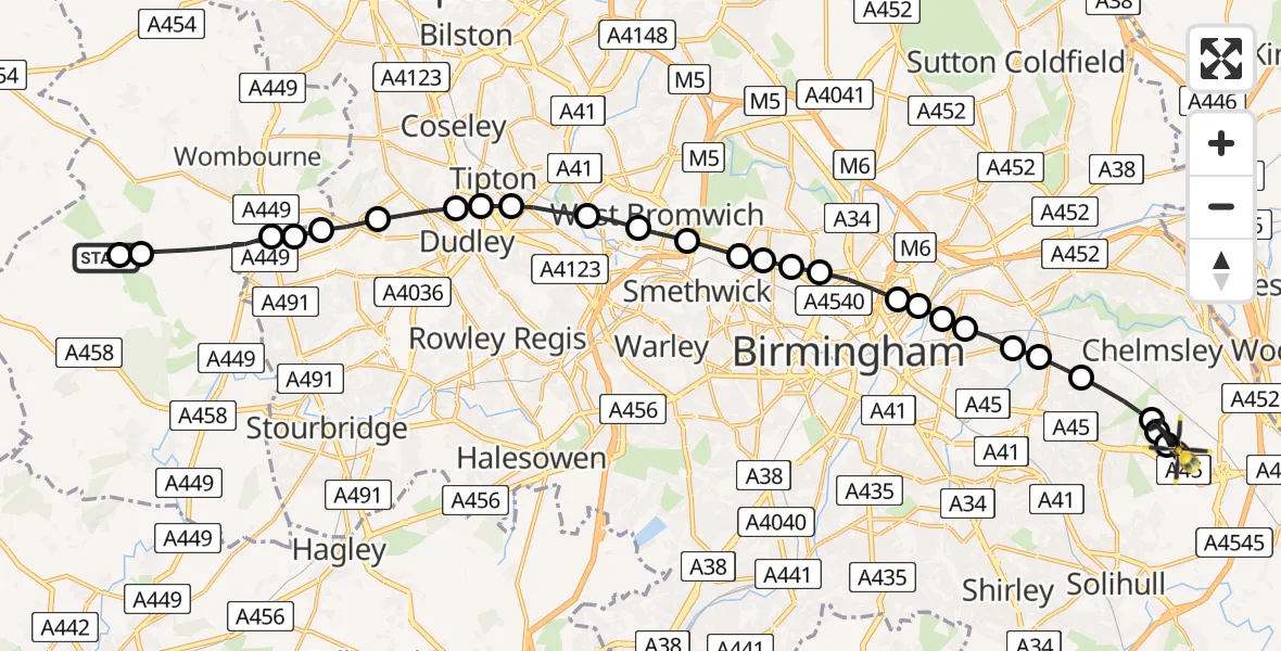 Flight route Police Helicopter Enville - Birmingham Airport, 18 May 2026, 21:37