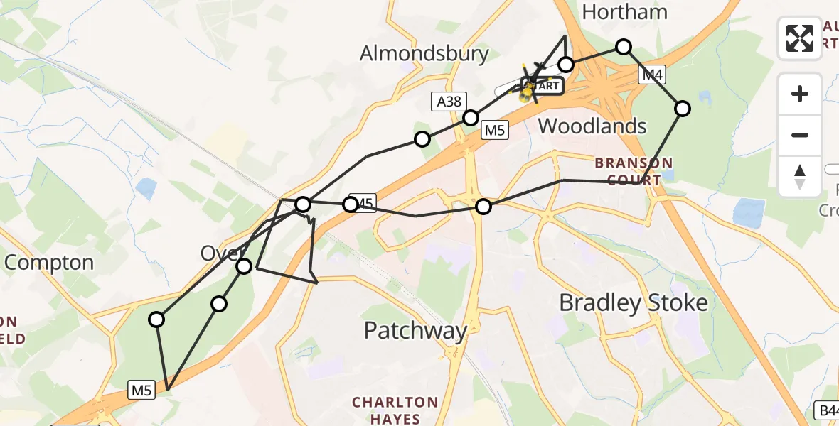 Flight route Police Helicopter Almondsbury Helicopter Base - Almondsbury Helicopter Base, 18 May 2026, 22:13